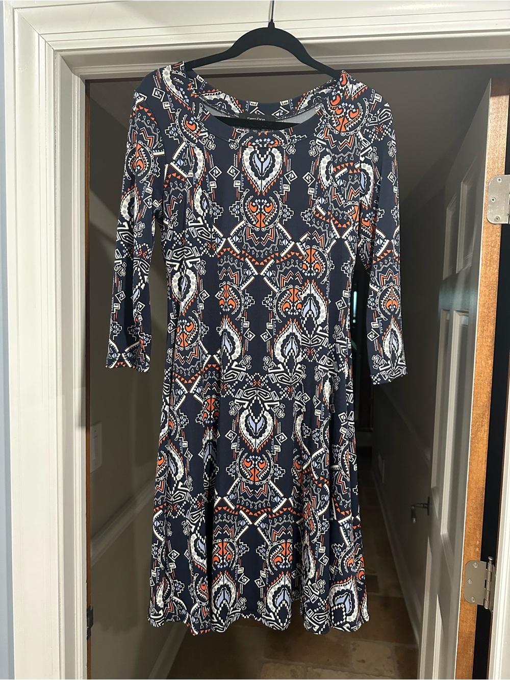 Karen Kane Navy Dress with White and Orange Geometric Print